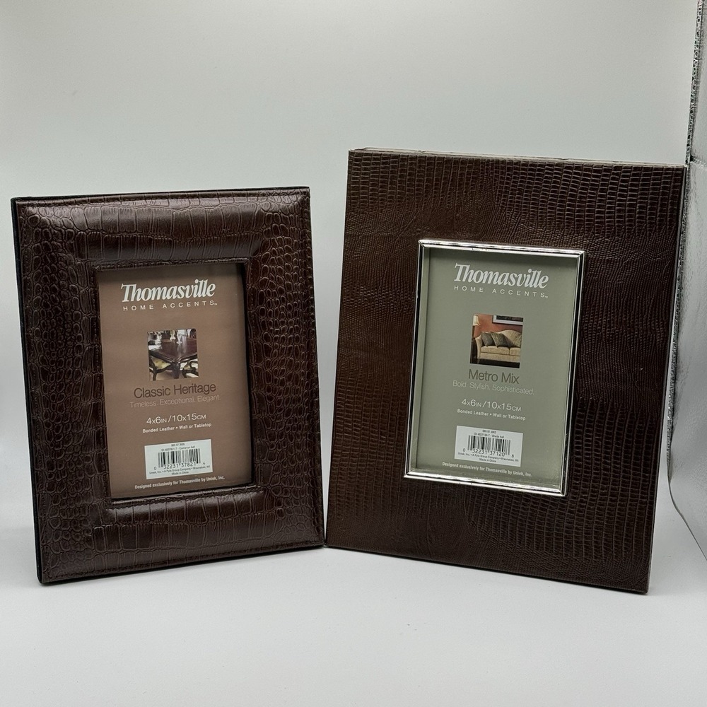 Pair Thomasville Leather Croc Embossed 4x6 Picture Frames Brown Home Decor